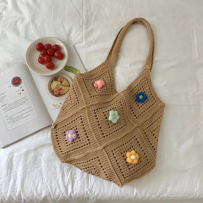 Knitted Flower Tote Bag – Large Capacity Women Shoulder Bag