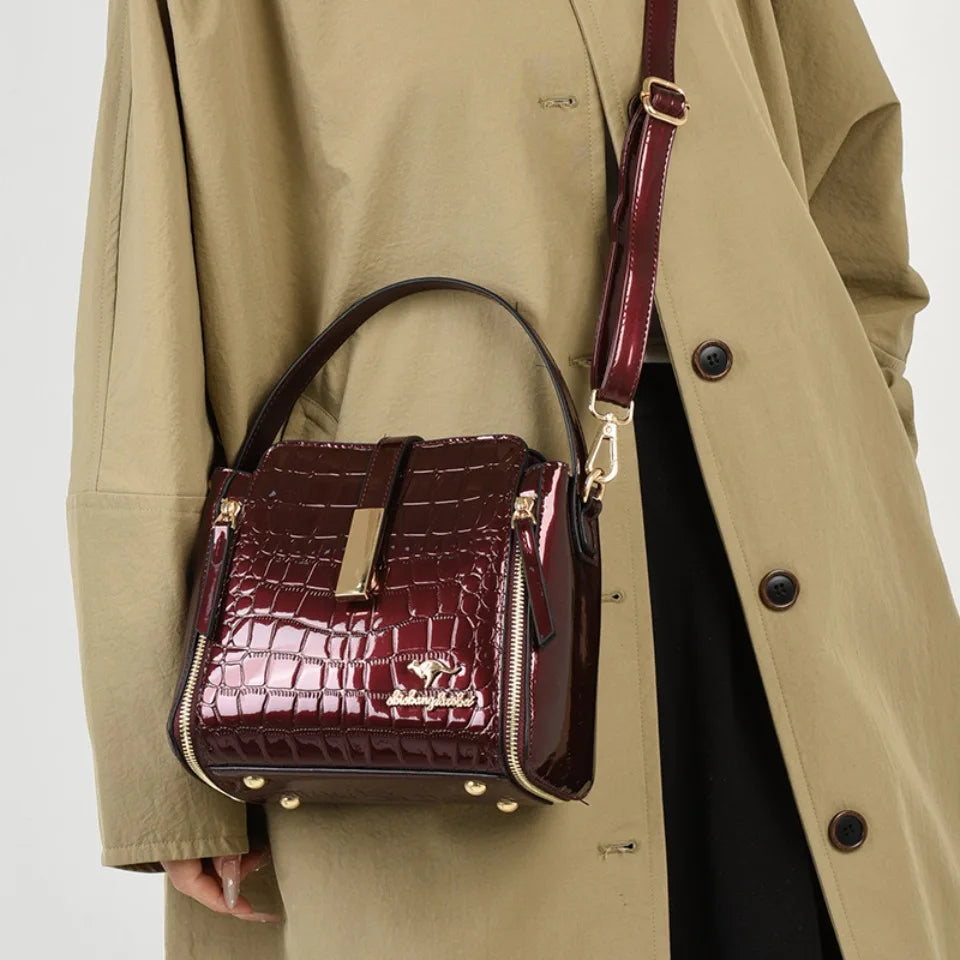 Crocodile Embossed Patent Leather Bucket Bag