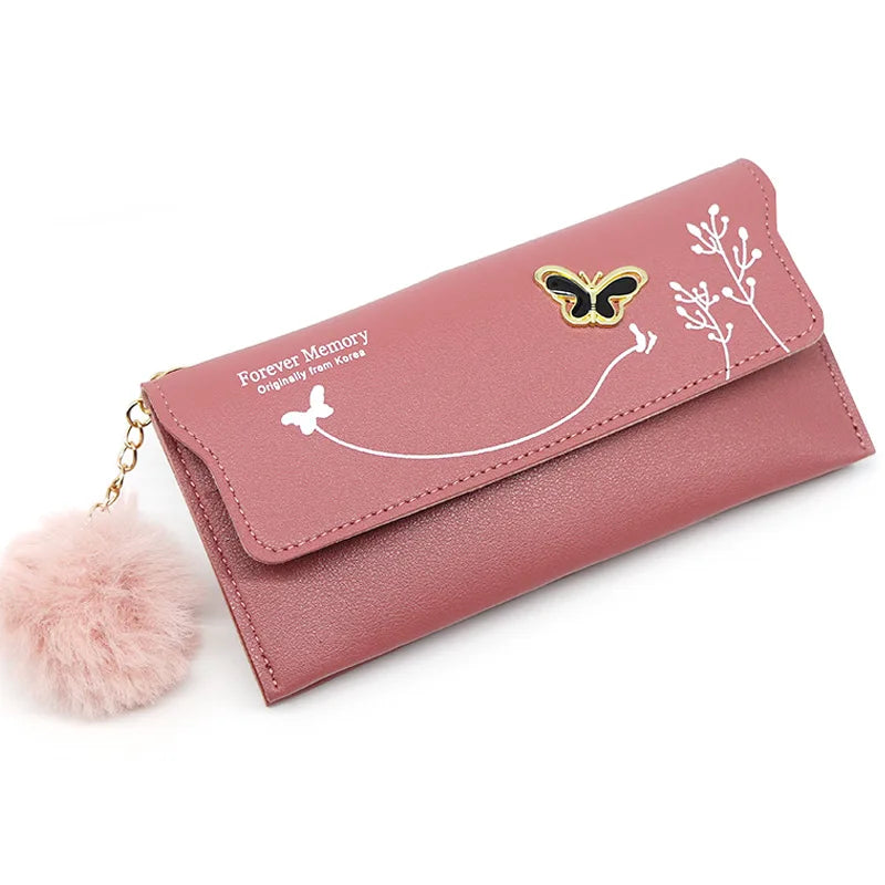 Women's Long Wallet – Butterfly PU Leather Purse with Pom-Pom