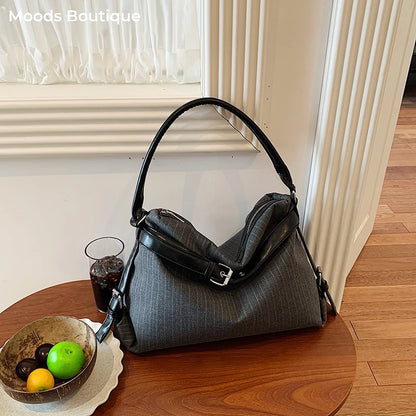 Moods Business Style Shoulder Cross Body Hobo Bags Women Cotton Fabric Striped Large Capacity