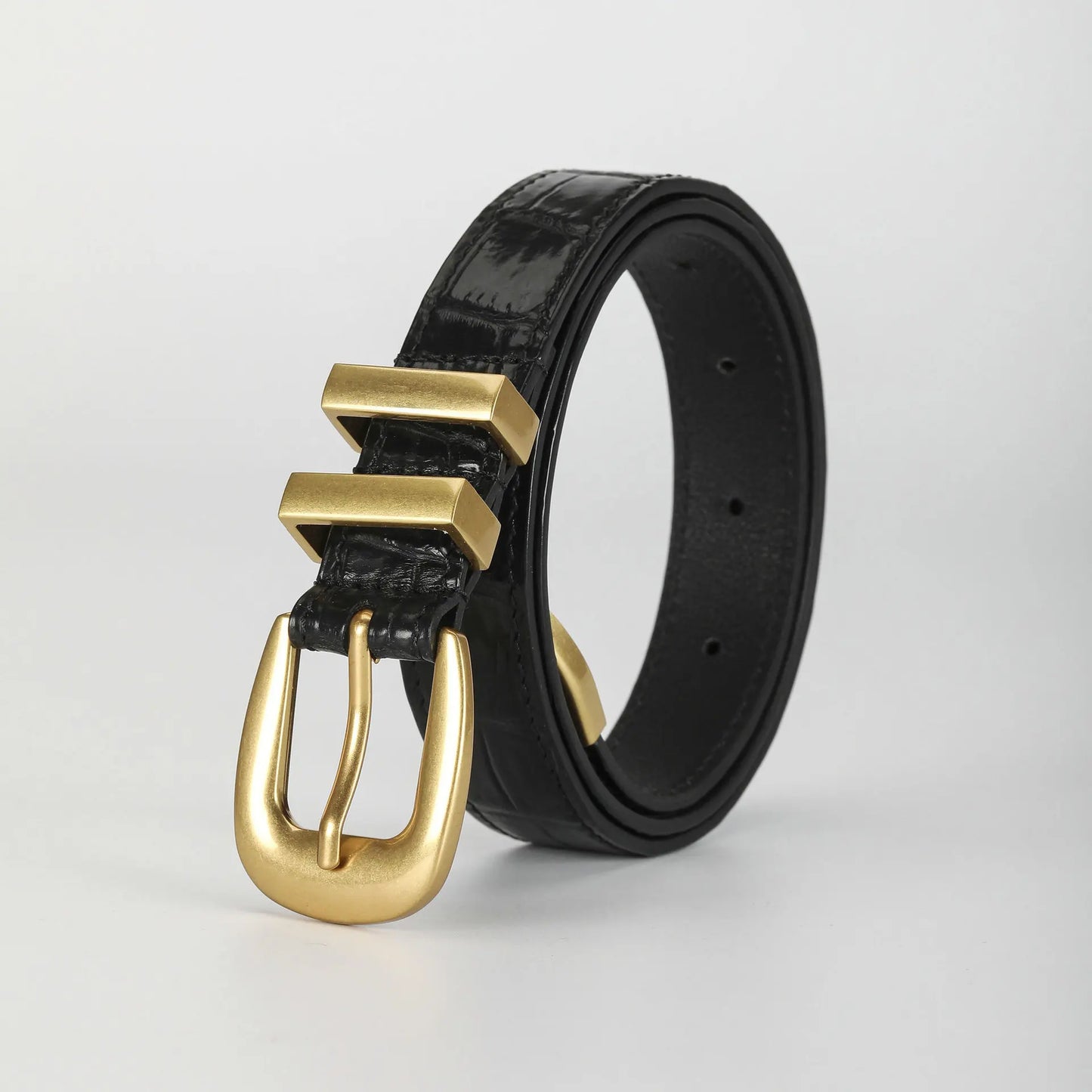 Women's Crocodile Leather Belt with Gold Pin Buckle
