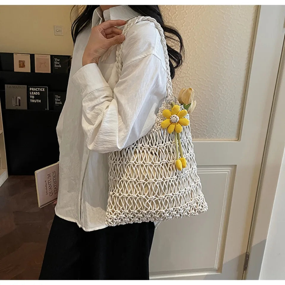 Straw Woven Hollow-Out Shoulder Bag with Flower Charm