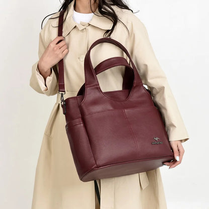 Large Leather Tote Bag – 3 Compartments, Dual Pockets, Shoulder & Crossbody