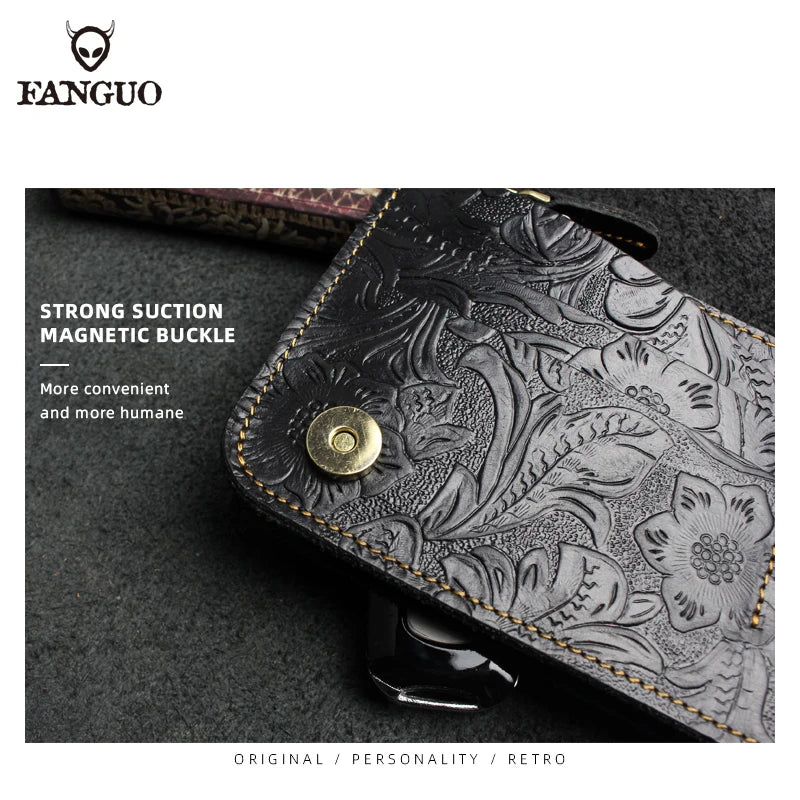 Genuine Leather Long Wallet – Floral Embossed Bifold for Men & Women