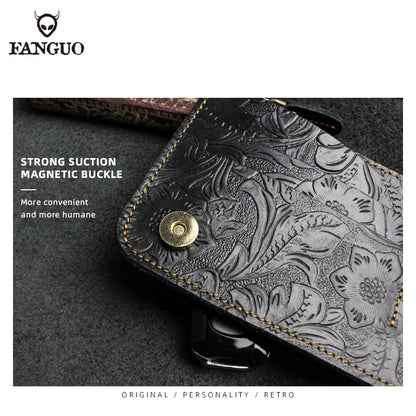 Genuine Leather Long Wallet – Floral Embossed Bifold for Men & Women