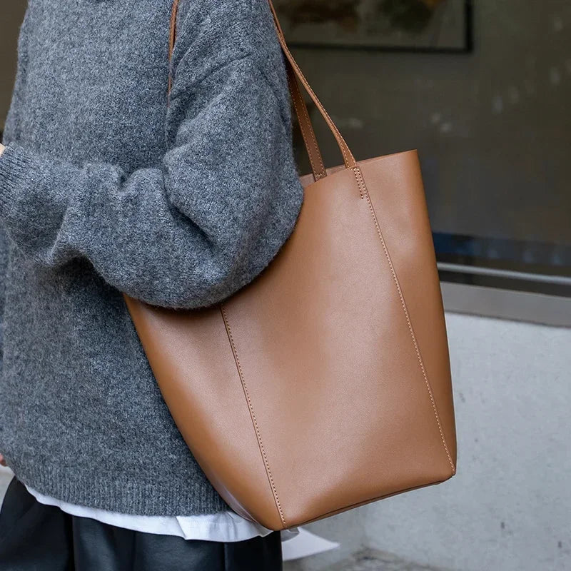 Genuine Leather Bucket Tote Bag for Women – Minimalist Large Capacity Shoulder Bag