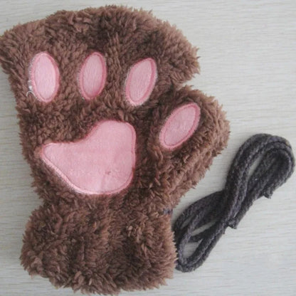 Winter Gloves Women Bear Plush Cat Paw Claw Cute Kitten Fingerless Mittens Christmas Halloween Girls