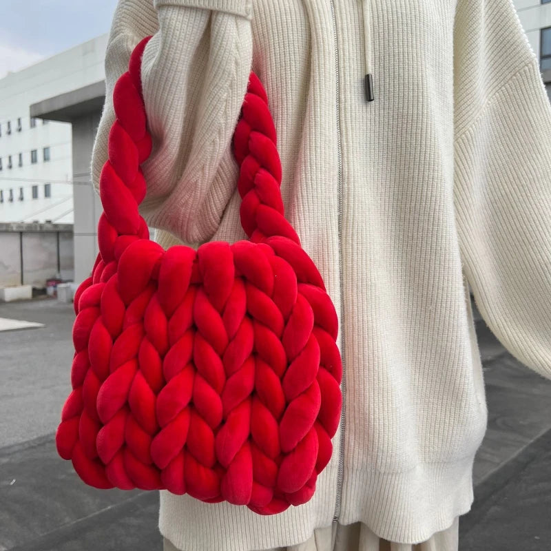 Hand-Woven Velvet Knit Handbag for Women – Chunky Tote