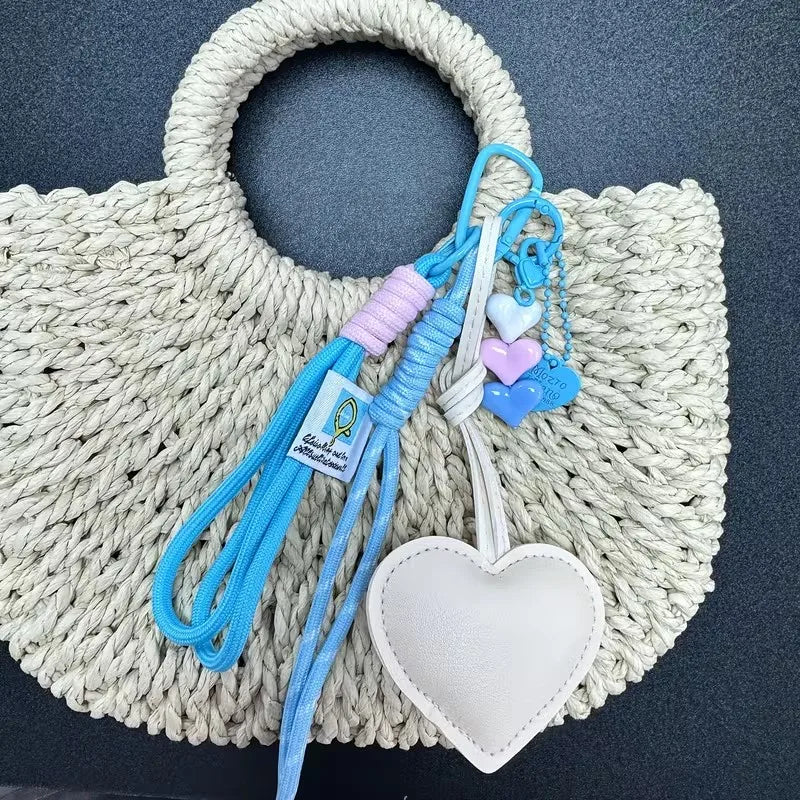 Heart Leather Keychain Bag Charm with Braided Rope & Heart Beads