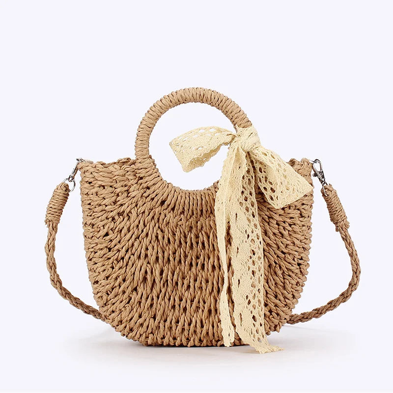 Moon Shape Straw Bag for Women – Woven Rattan Tote with Lace Bow