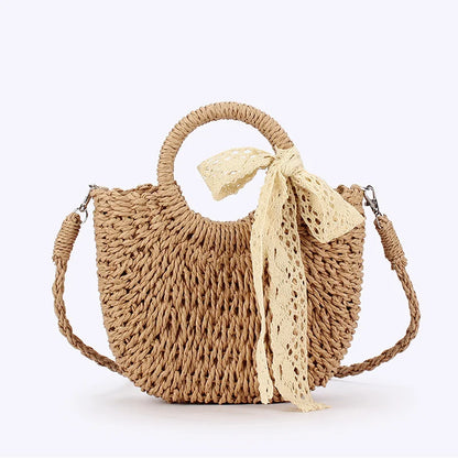 Moon Shape Straw Bag for Women – Woven Rattan Tote with Lace Bow