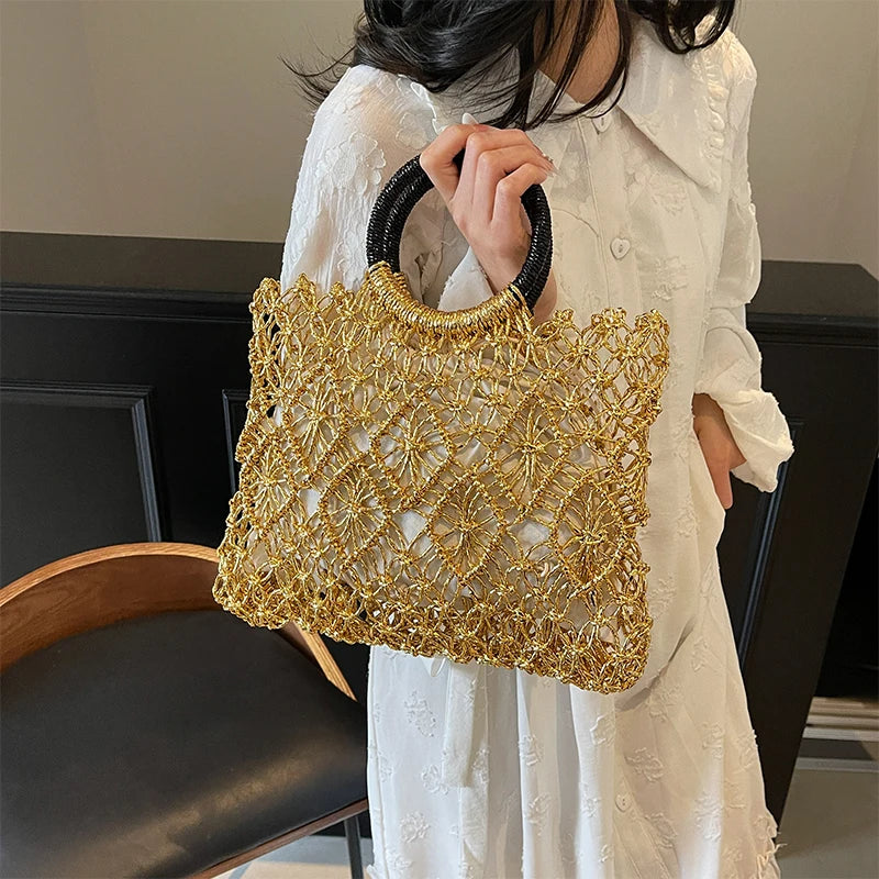 Woven Hollow Handbag – Luxury Metallic Mesh Top Handle Bag