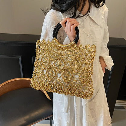 Woven Hollow Handbag – Luxury Metallic Mesh Top Handle Bag