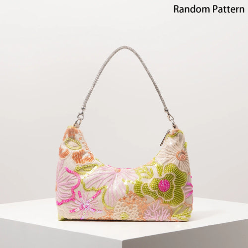 Sequin Floral Embroidery Shoulder Bag – Evening Clutch
