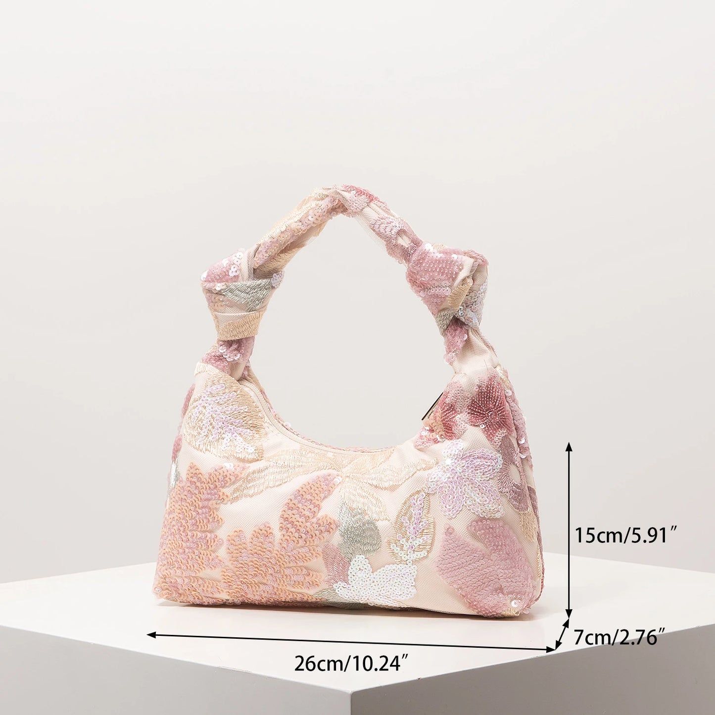 Floral Sequin Hobo Bag – Embroidery Knotted Handle Shoulder Purse
