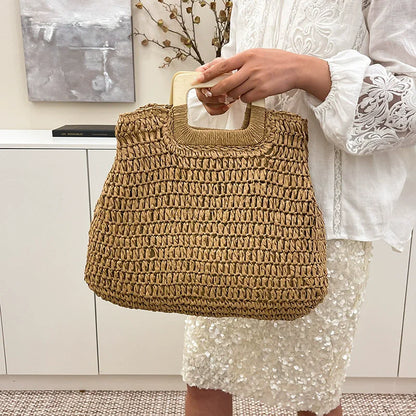 Handmade Straw Woven Round Beach Tote Bag