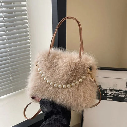 Faux Fur Plush Crossbody Bag – Korean Style Pearl Chain Handbag