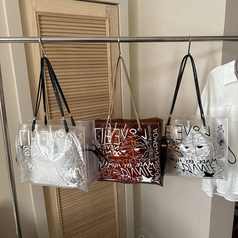 Transparent Pvc Jelly Tote Bag Inner Pouch Graffiti Letter Print Large Capacity Shoulder Summer