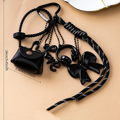 Mini Bow Bag Charm Keychain with Braided Rope & Heart Pendant