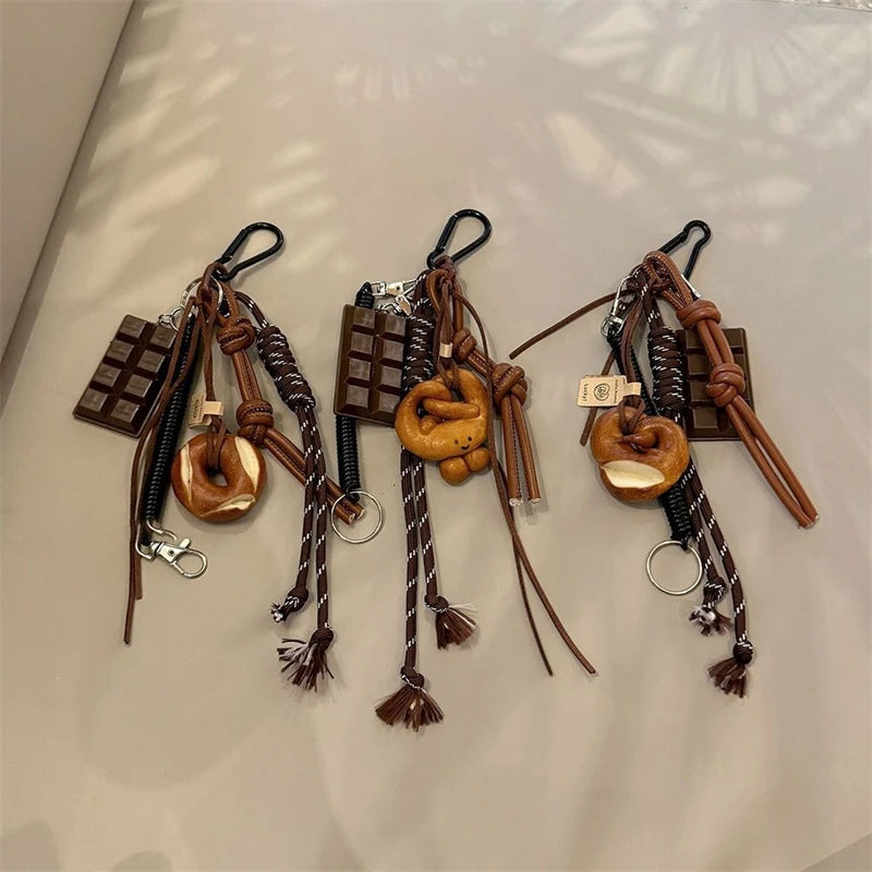 Cute Bread Charm Keychain – Korean Braided Rope Bag Pendant