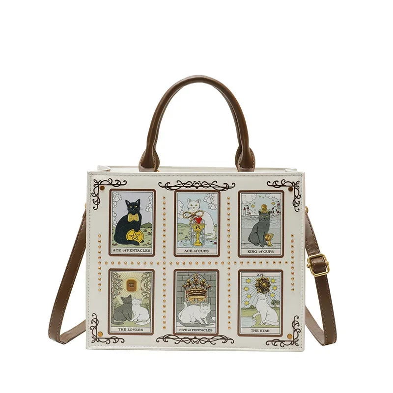 Retro Cat Square Shoulder Bag – Women's Top Handle Tote Briefcase