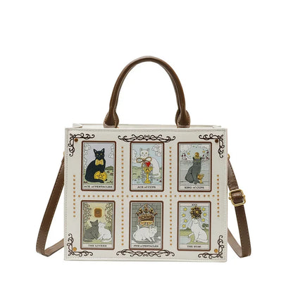 Retro Cat Square Shoulder Bag – Women's Top Handle Tote Briefcase