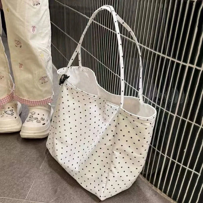 Polka Dot Canvas Tote Bag – Large Lightweight Korean Style Shoulder Bag