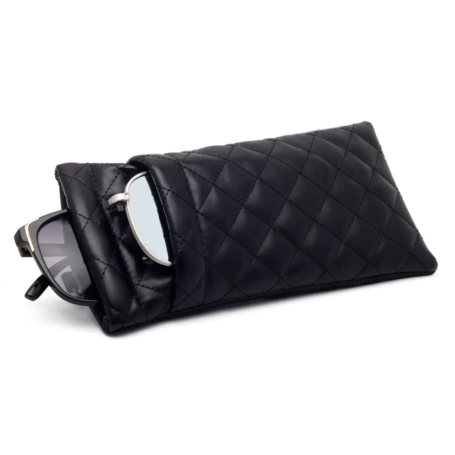 Soft PU Leather Double Glasses Case – Quilted Argyle Squeeze-Top