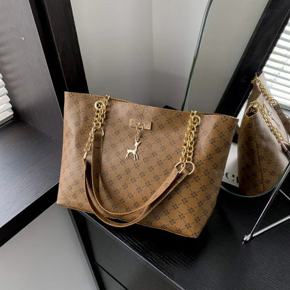 Large Capacity Women's Tote Bag with Gold Chain Strap & Print