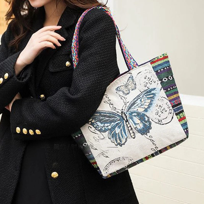 Embroidered Canvas Tote Bag – Ethnic Boho Shoulder Handbag