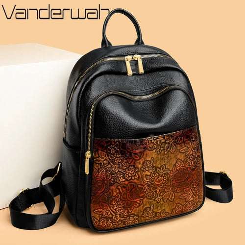 Floral Embossed Leather Backpack for Women – Large Capacity