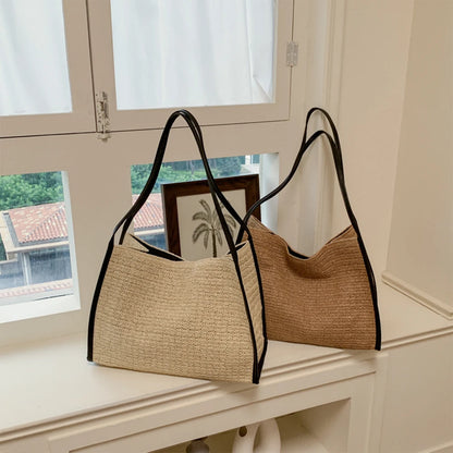 Straw Tote Bag – Large Capacity Woven Shoulder Handbag with Leather Trim