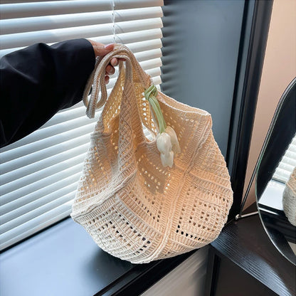 Large Crochet Knit Tote Bag – Vintage Cotton Shoulder Shopper