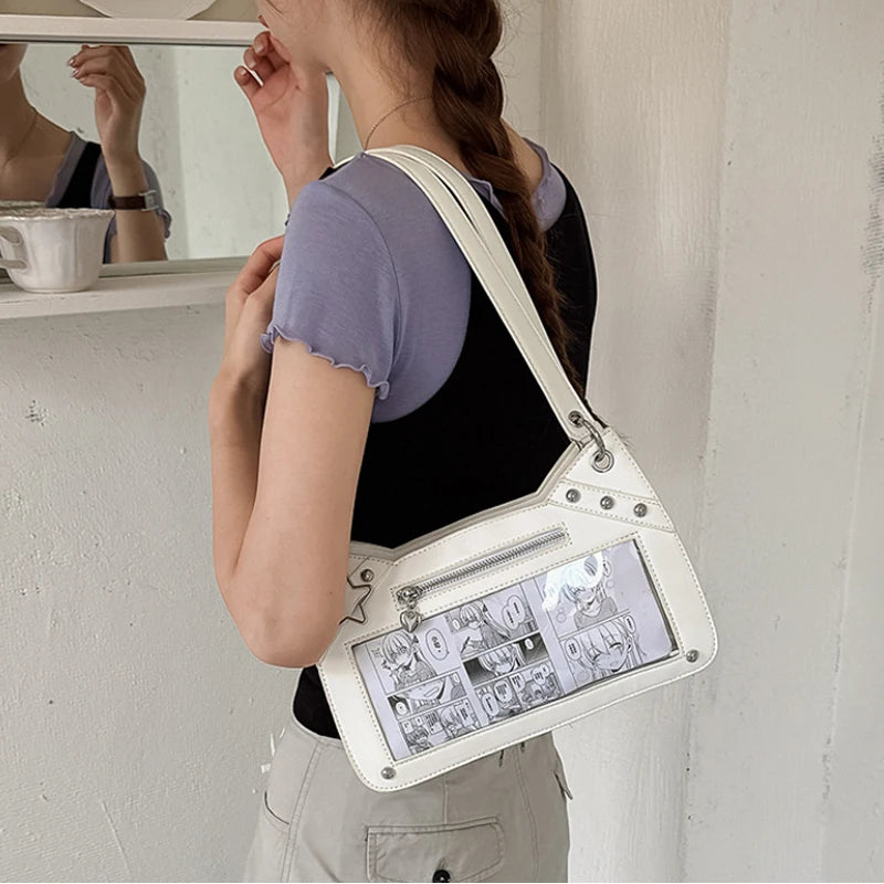 Y2K Ita Bag - Star Rivet Transparent Window Shoulder Bag for Women