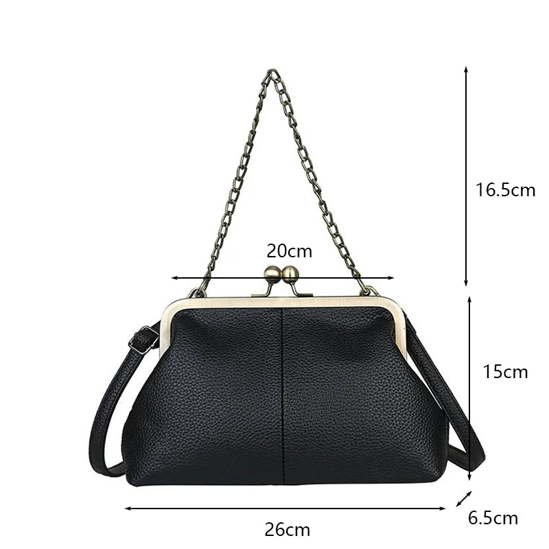 Vintage Kiss-Lock Chain Crossbody Bag for Women – Lychee Leather