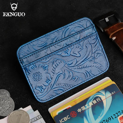 Genuine Leather Card Holder – Slim Floral Embossed Credit Card Wallet
