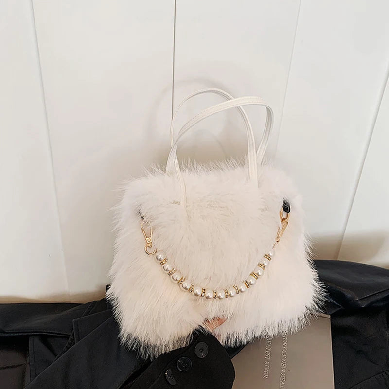 Faux Fur Shoulder Bag with Pearl Chain Handle