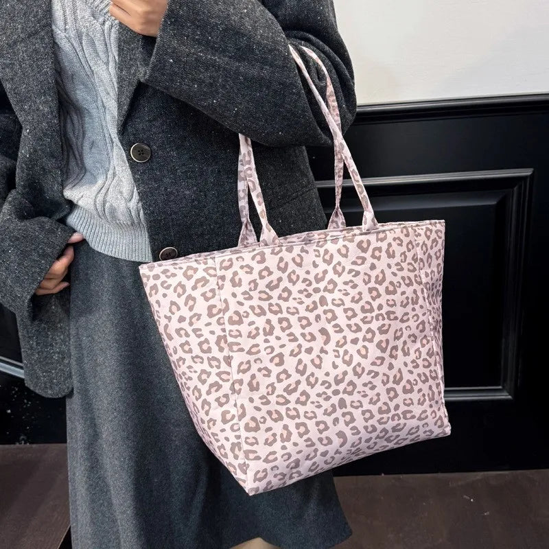 Leopard Print Canvas Tote Bag – Large Capacity Shoulder Bag for Women