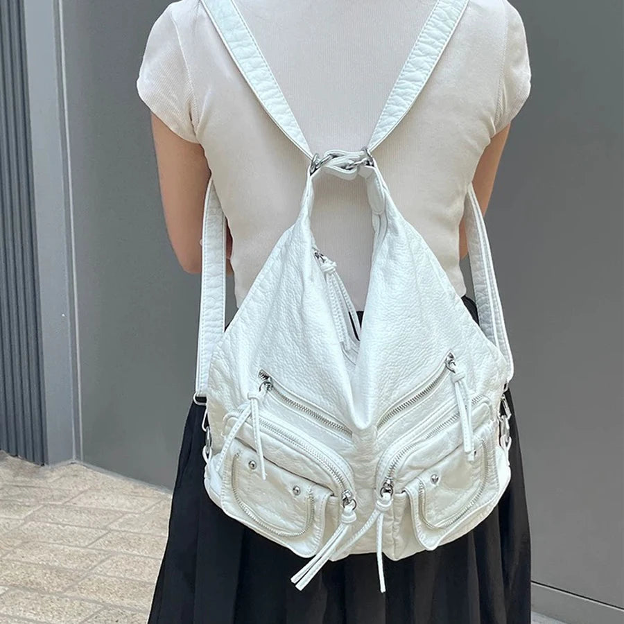 Vintage Women Shoulder Bags Y2k Multiple Pockets Backpacks Luxury Soft Pu Leather Underarm Bag Large