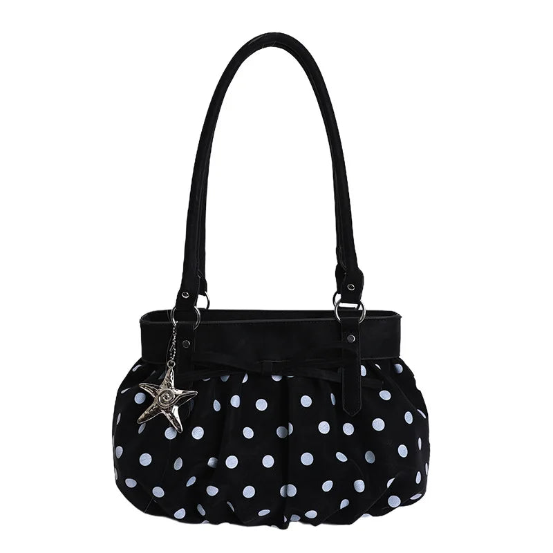 Polka Dot Ruched Shoulder Bag Star Pendant Women Bow Decor Large Capacity Hobo Retro Versatile