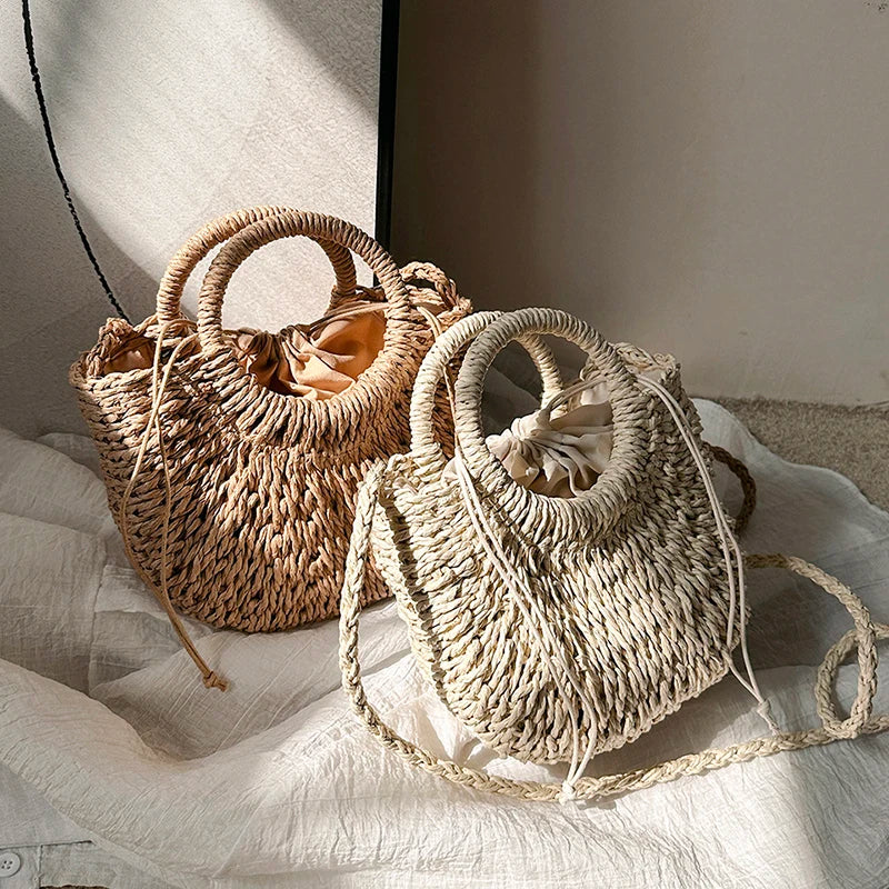 Moods Straw Handbags Women 2023 Mini Summer Beach Rattan Shoulder Bag Round Handle Handmade