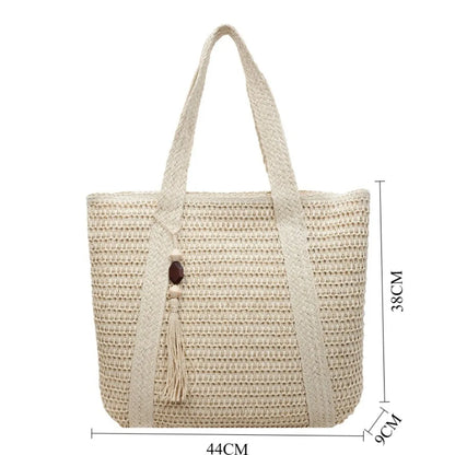 Woven Straw Beach Tote Bag for Women – Large Boho Shoulder Handbag