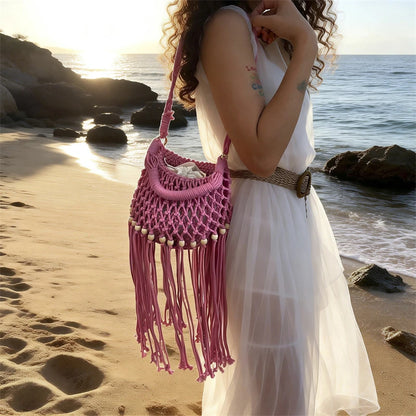 Moods Boho Style Shoulder Basket Bags Women 2-In-1 Yarn Knitted Drawstring Bucket Handbags Summer