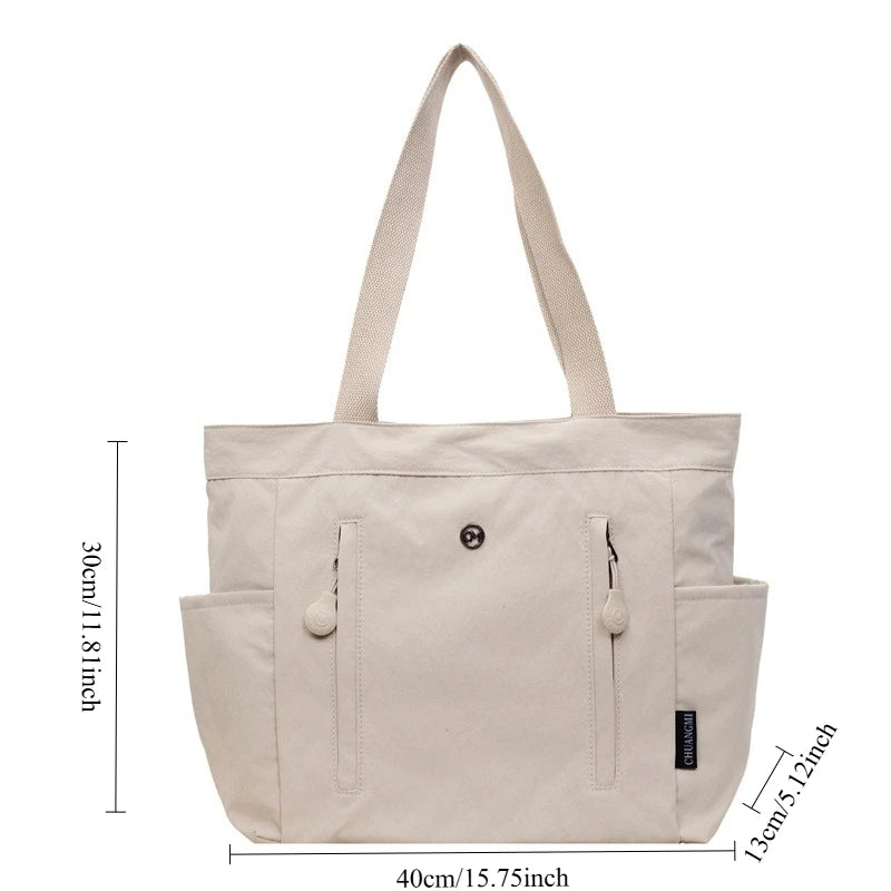 Large Canvas Tote Bag – Korean Style Multi-Pocket Shoulder Bag