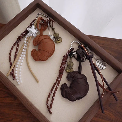 Croissant Leather Keychain – Novelty Bag Charm with Mini Charms