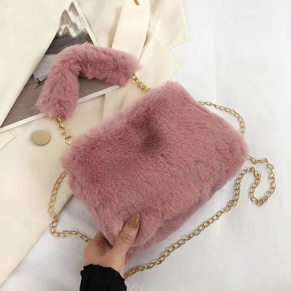 Faux Fur Crossbody Bag for Women – Fluffy Plush Chain Shoulder Purse