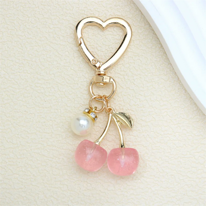 Cherry Resin Bag Charm Keychain with Heart Clip & Pearl