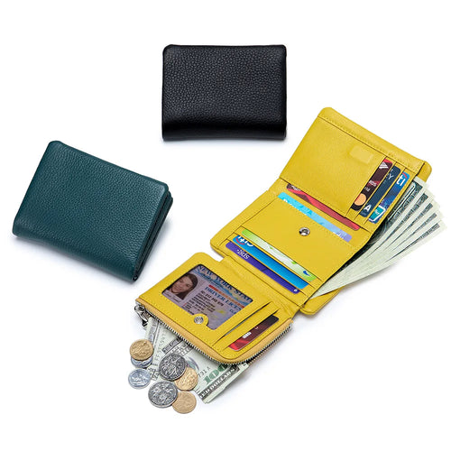 Genuine Cowhide Leather Trifold Wallet with Zipper Coin Pocket