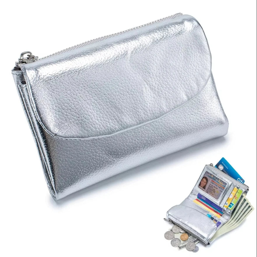 Women's Genuine Cowhide Leather Trifold Wallet with Zipper Coin Pocket