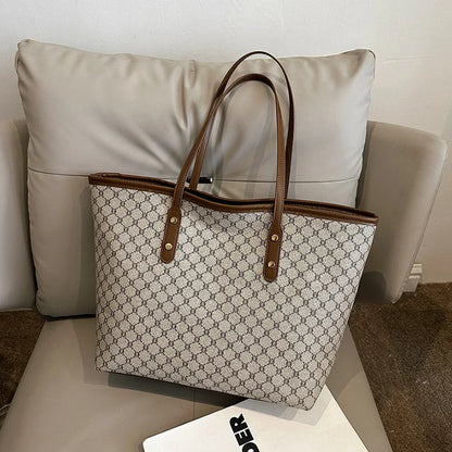 Large Capacity Tote Bag for Women – Monogram PU Leather Shoulder Bag